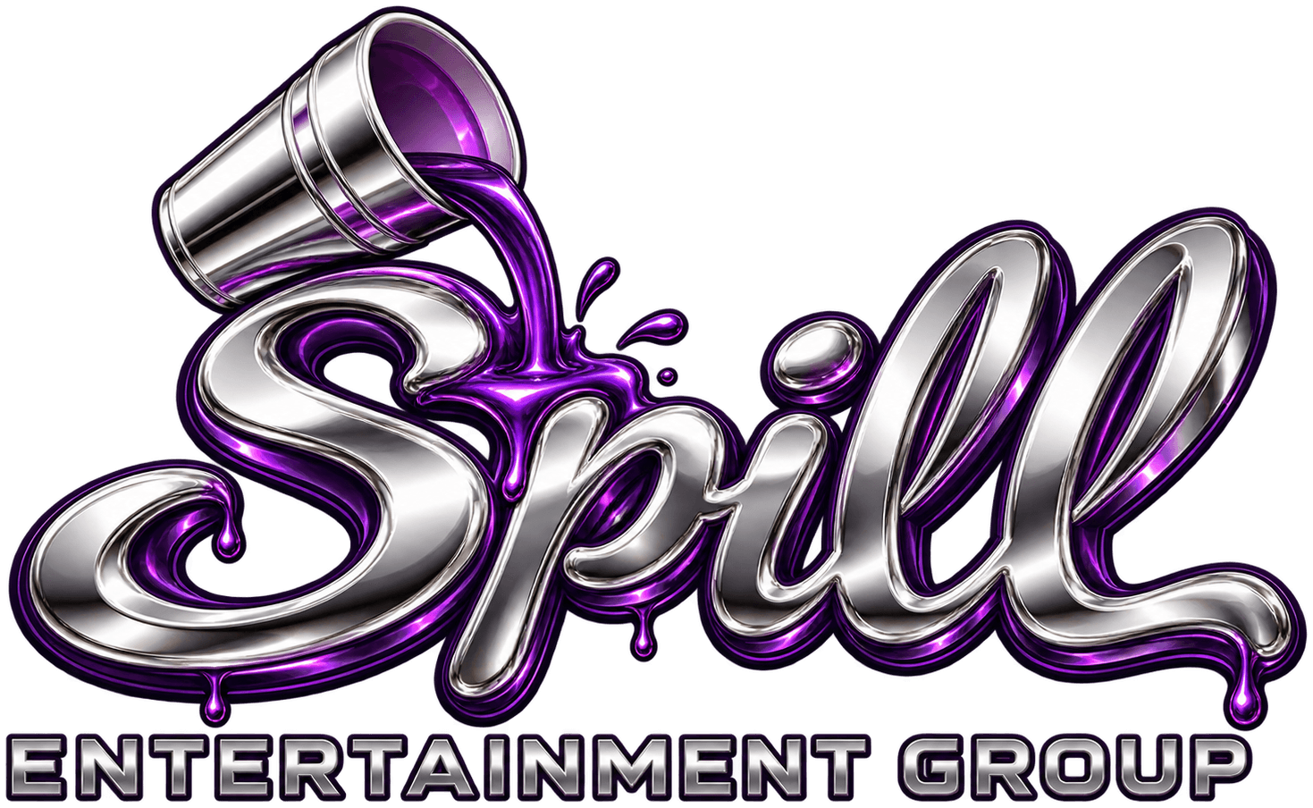 Spill Entertainment Group chrome-purple metallic logo, polished 3D wordmark with violet highlights on a dark field