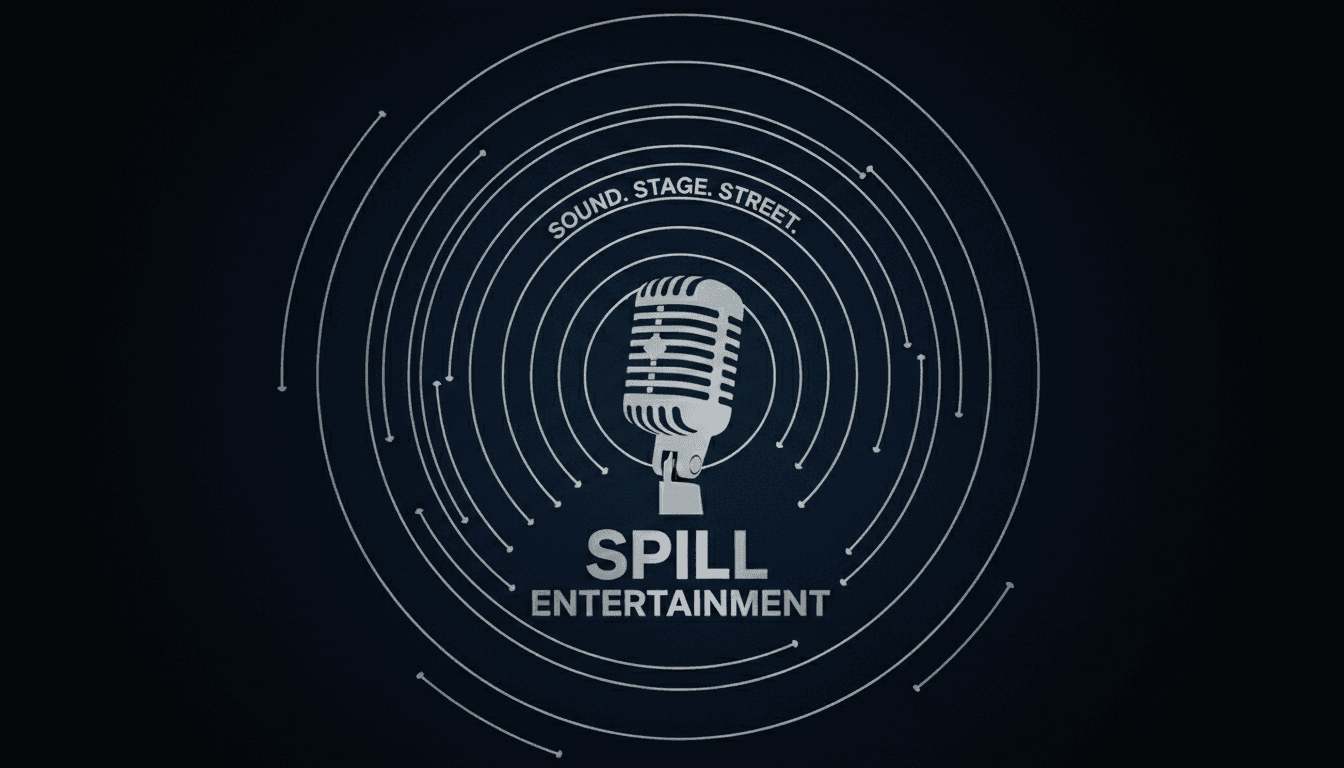 Minimalist microphone silhouette centered on dark background with silver accent lines forming concentric circles
