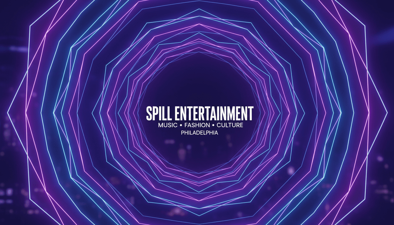 Abstract purple and electric blue waveform pattern with geometric sound waves radiating outward