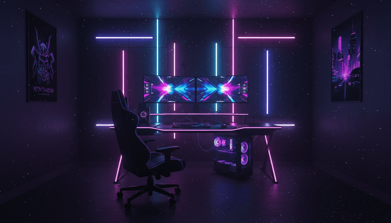 Gaming setup with neon purple lighting and sports memorabilia