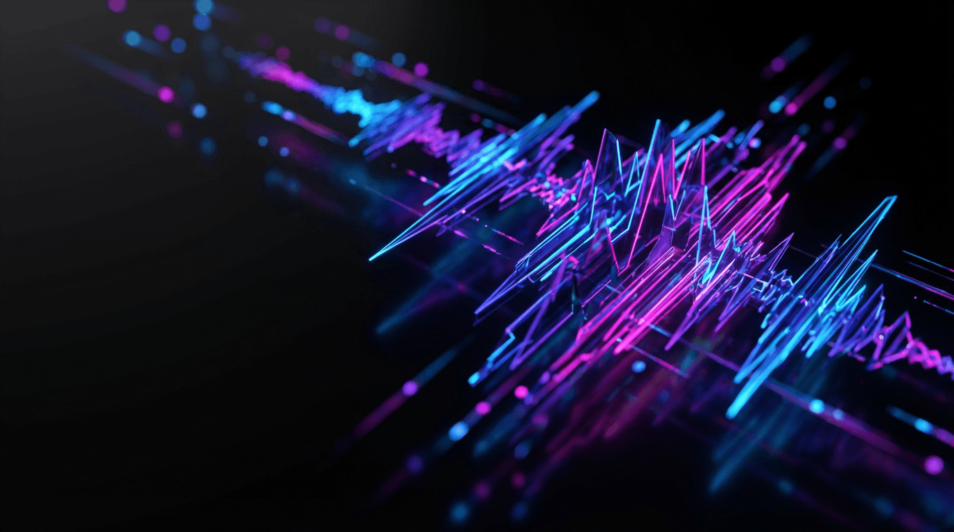 Abstract purple neon audio waveform bars rising like a skyline against matte black, silver typography fragments and a chrome condenser microphone silhouette, no people, premium graphic