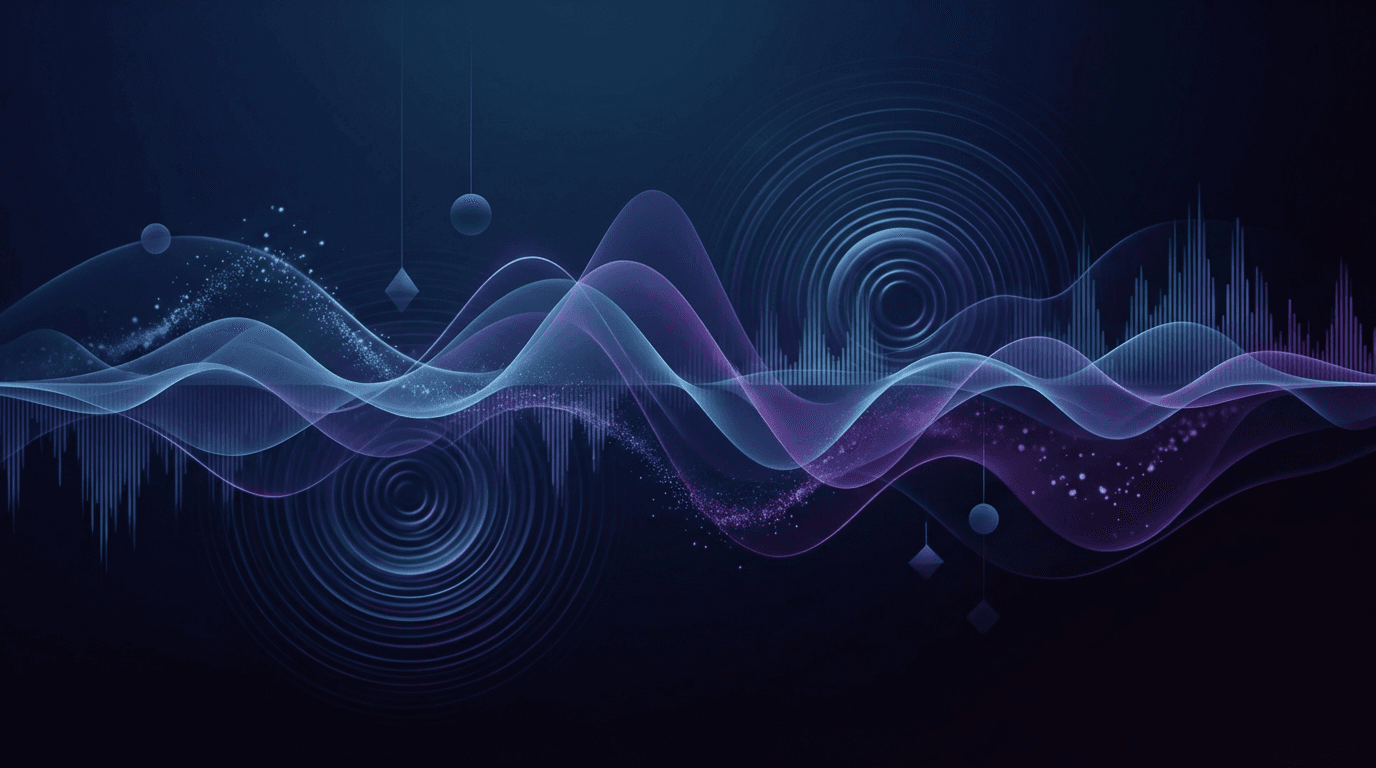 Abstract electric-purple audio waveform stretching across a deep black studio backdrop, glowing neon peaks and troughs, high-contrast graphic style, no text