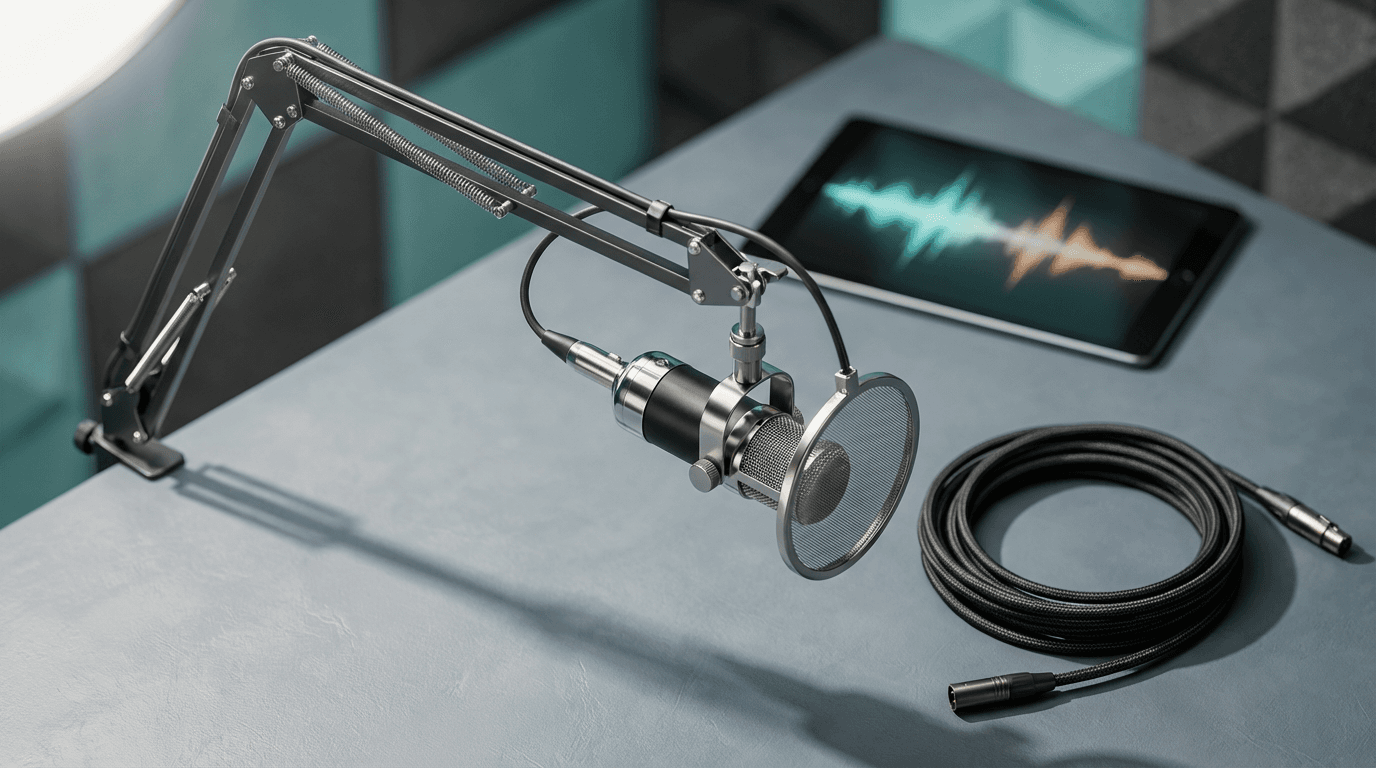 Podcast microphones in a dark studio with purple lighting