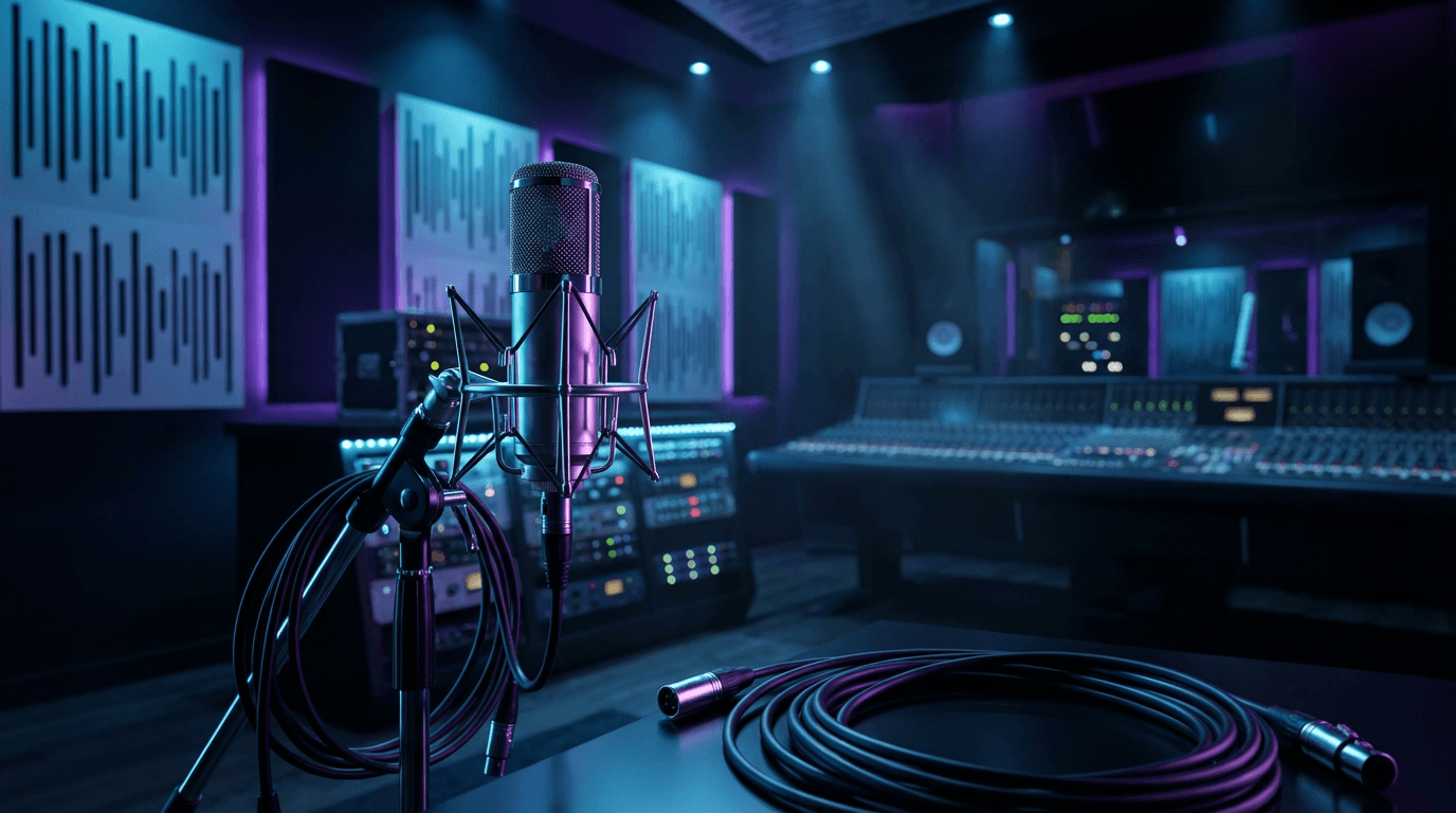 Microphone in a dark studio with purple and silver lighting