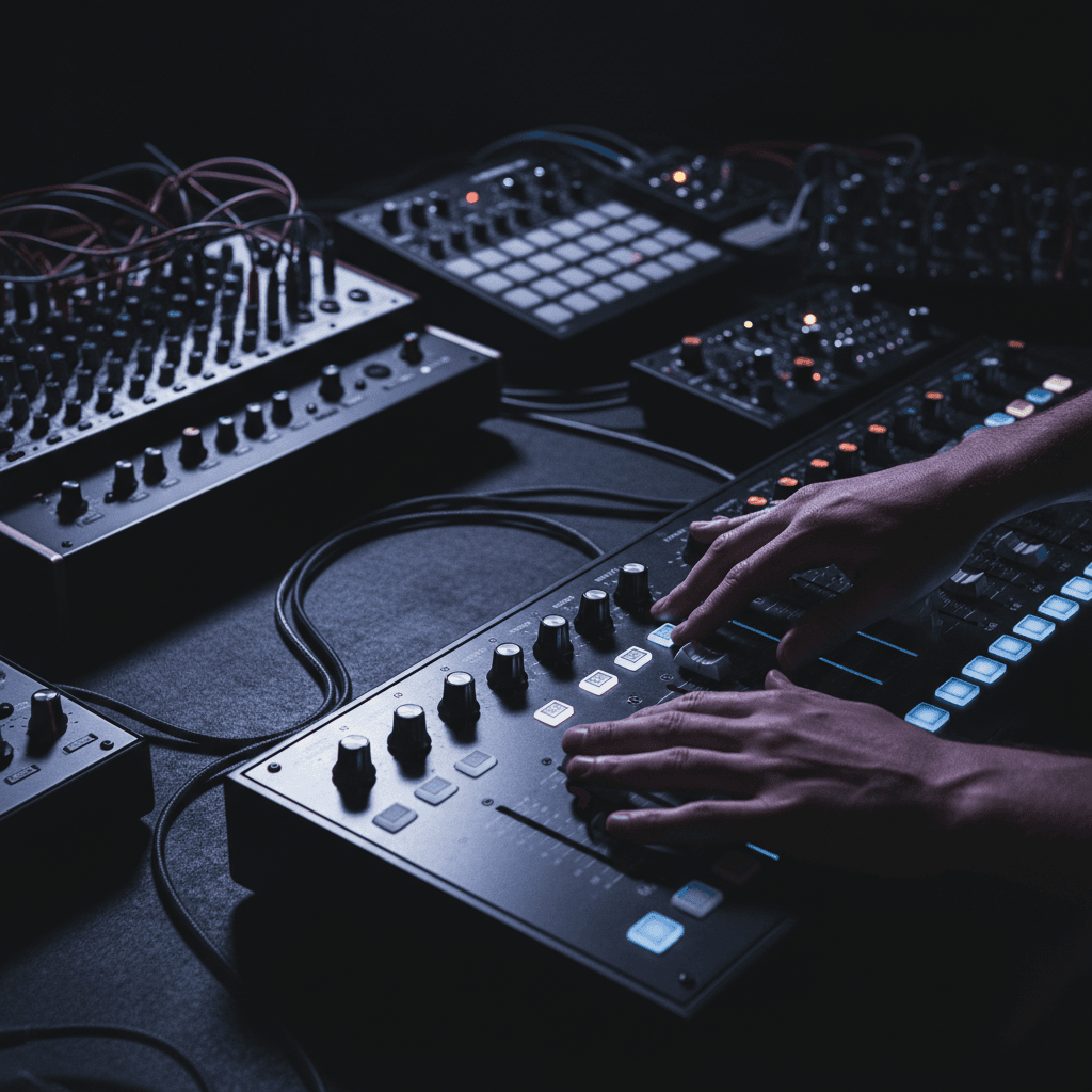 Dark recording studio mixing console with purple lighting