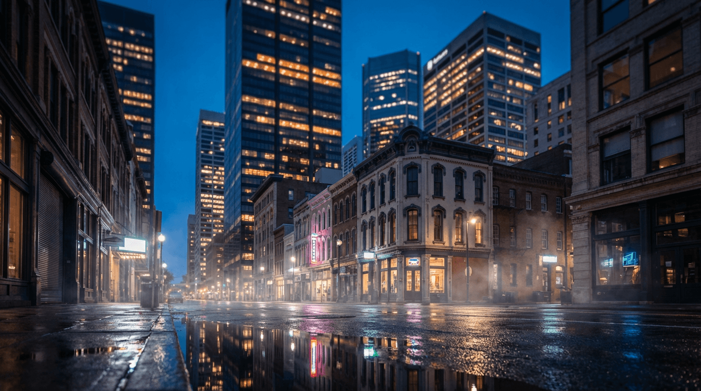 Cinematic night cityscape of Philadelphia: rain-slick streets, towering glass towers, dense violet and magenta neon reflections, wet asphalt glow, energetic nightlife crowds as silhouettes, deep near-black sky, vivid purple lighting, film still