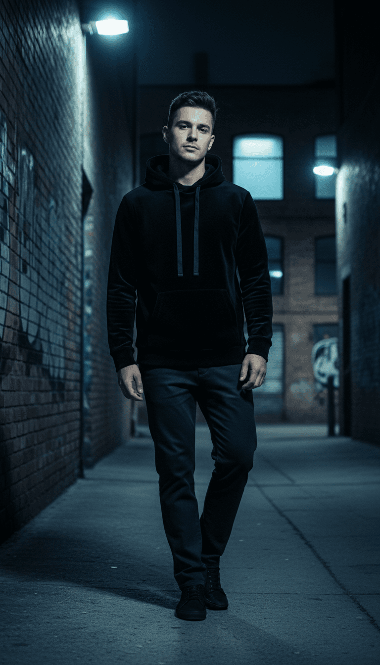 Model wearing a Spill graphic tee in an urban alley with purple lighting