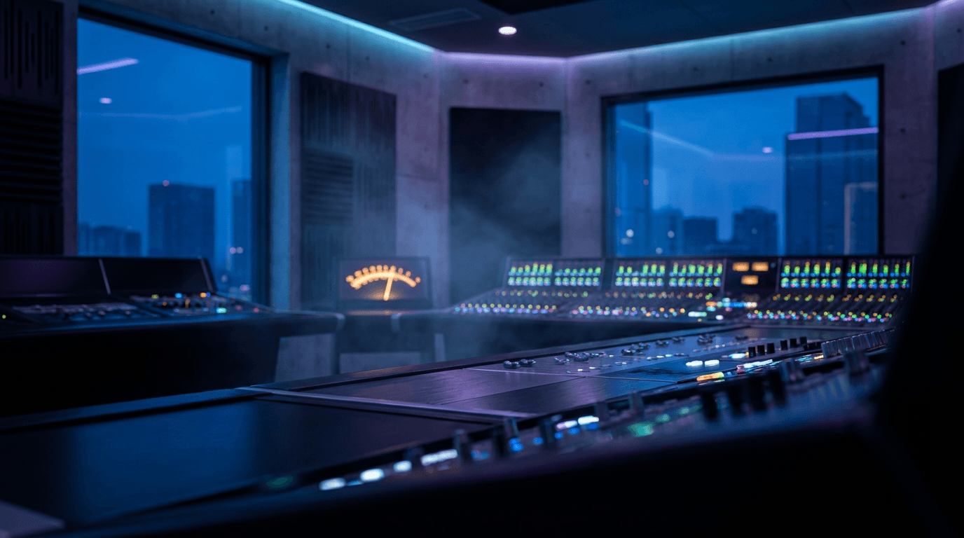 Recording studio mixing console glowing with purple lights in the dark