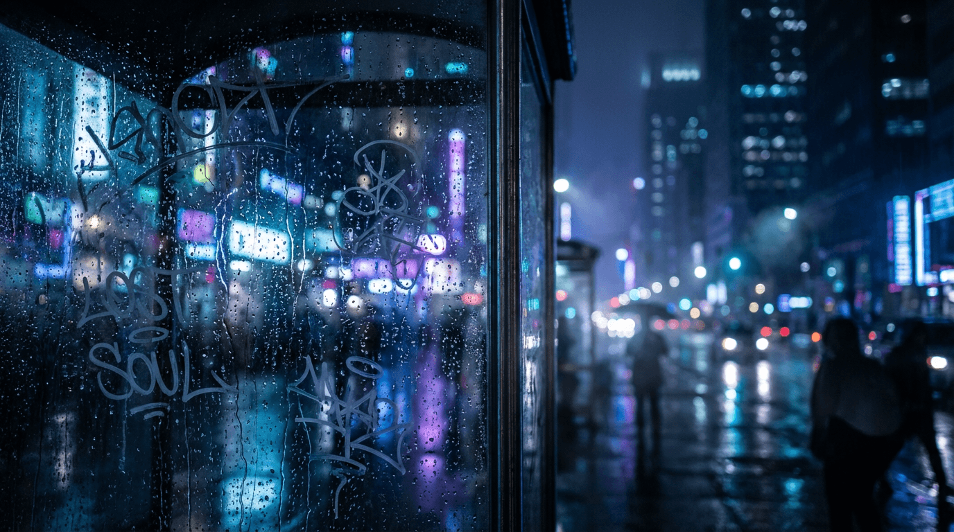 Abstract liquid chrome ribbons and thin laser lines on a black void, purple rim light and cool highlights, no faces or figures, high-end urban record-label atmosphere