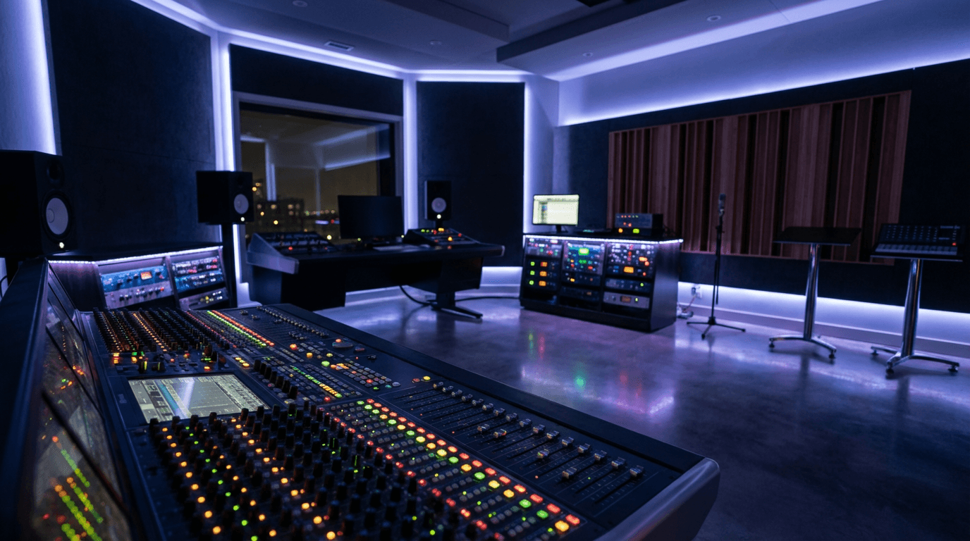 Dark recording studio control room lit with purple accents
