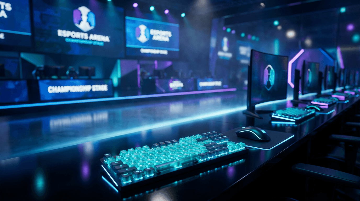Empty esports arena bathed in electric purple light