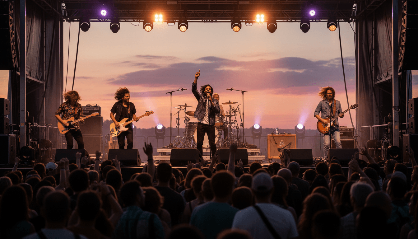 Crowd at a live concert with purple and silver stage lights