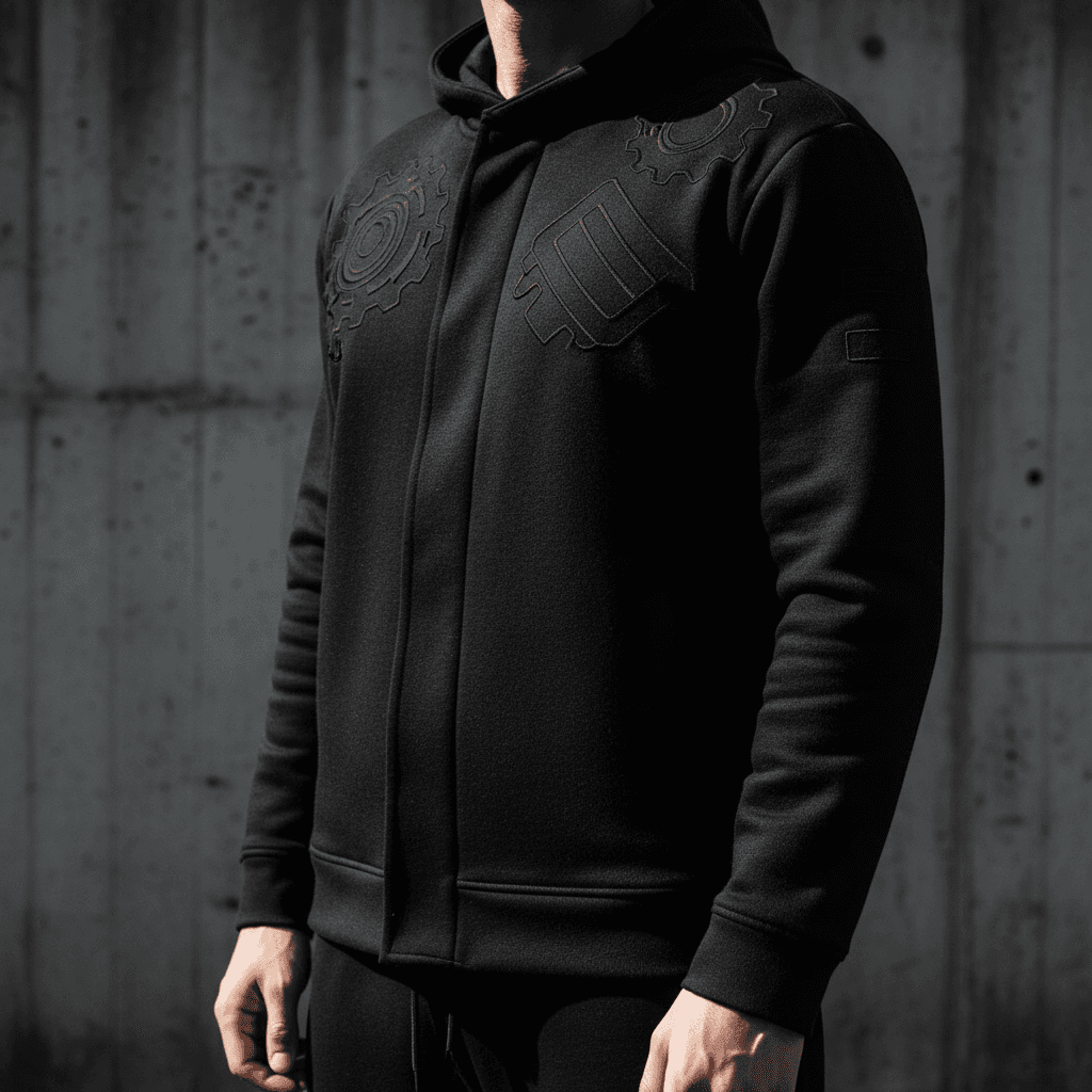 Black t-shirt with bold graphic design in a dramatic, moody setting