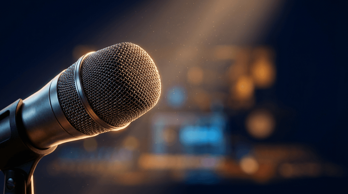 Abstract chrome and deep-purple studio microphone floating over a black field of silver audio waveforms, glossy metallic reflections, no people, cinematic still